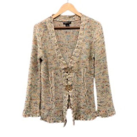 BCBGMaxAzria Knit Cardigan Women’s Multicolor Button Front‎ Flower Detail Size L - Picture 1 of 11